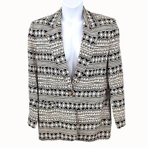 VINTAGE RAFAELLA BLACK & BEIGE GEOMETRIC PRINT LINEN COTTON BLAZER JACKET - 12